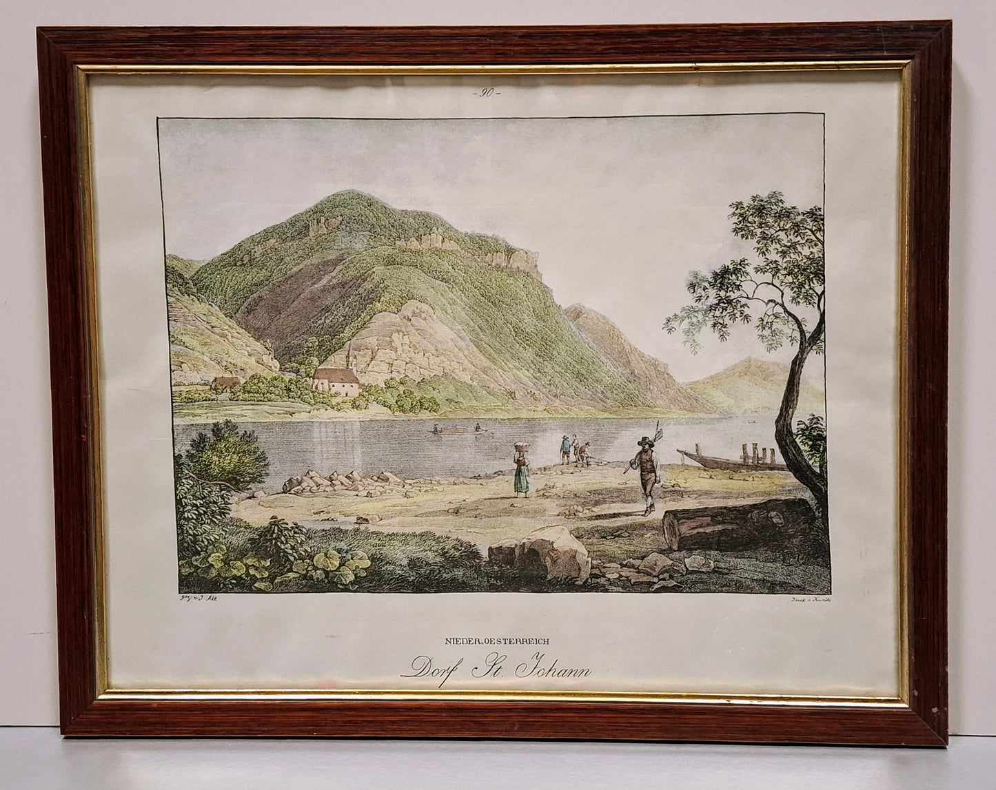 Donausicht n. J. v. Alt Druck von Kunike, Koloriert : Niederösterreich, Dorf St. Johann