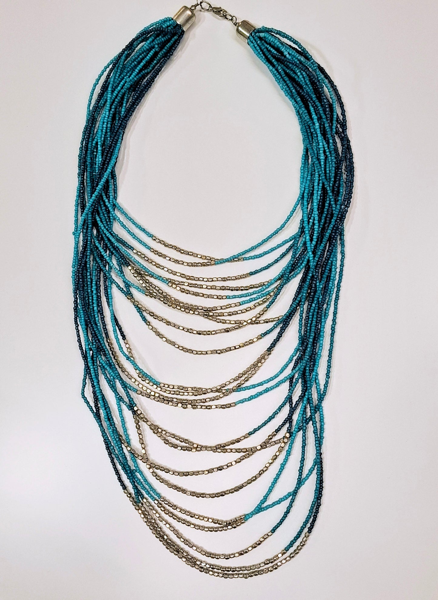 Blue and silver beaded multi layered necklace