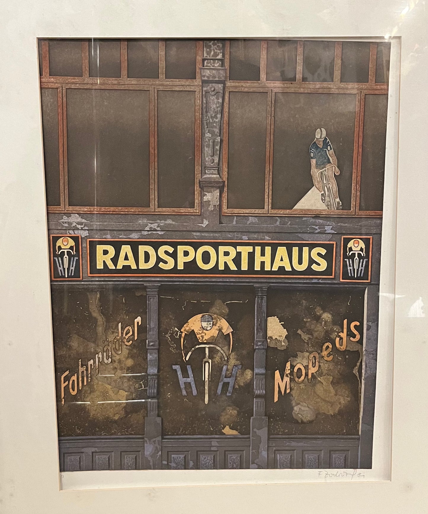 Franz Zadrazil, Radsporthaus, Radierung in Farbe, signiert F. Zadrazil