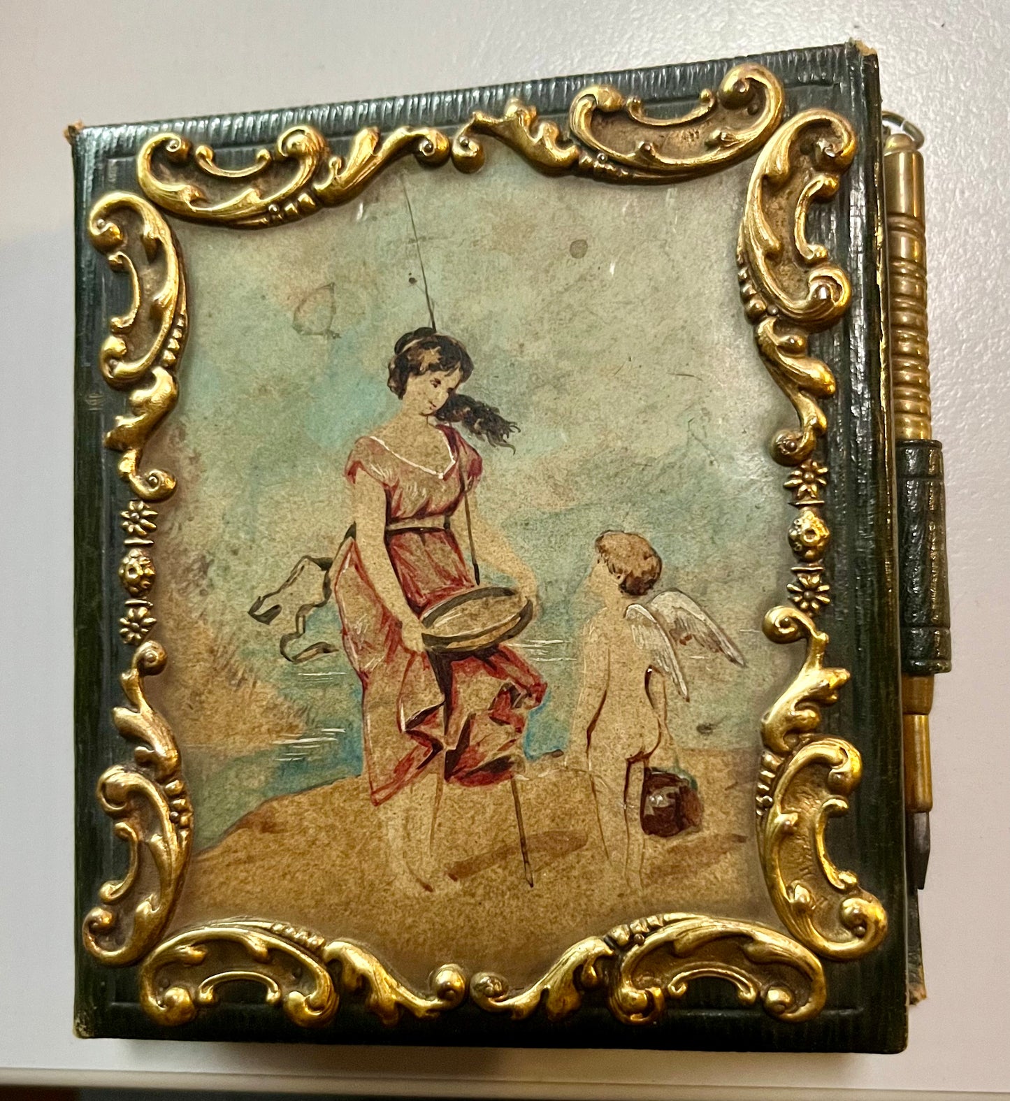 Antikes Taschennotizbuch mit Stift – Barock-Dekor, handbemalt, 19. Jhd.