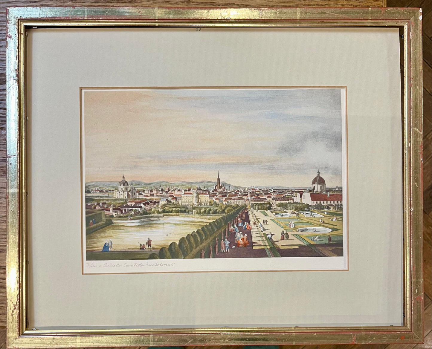 Wien, Blick vom Belvedere, handkoloriert, gerahmt.