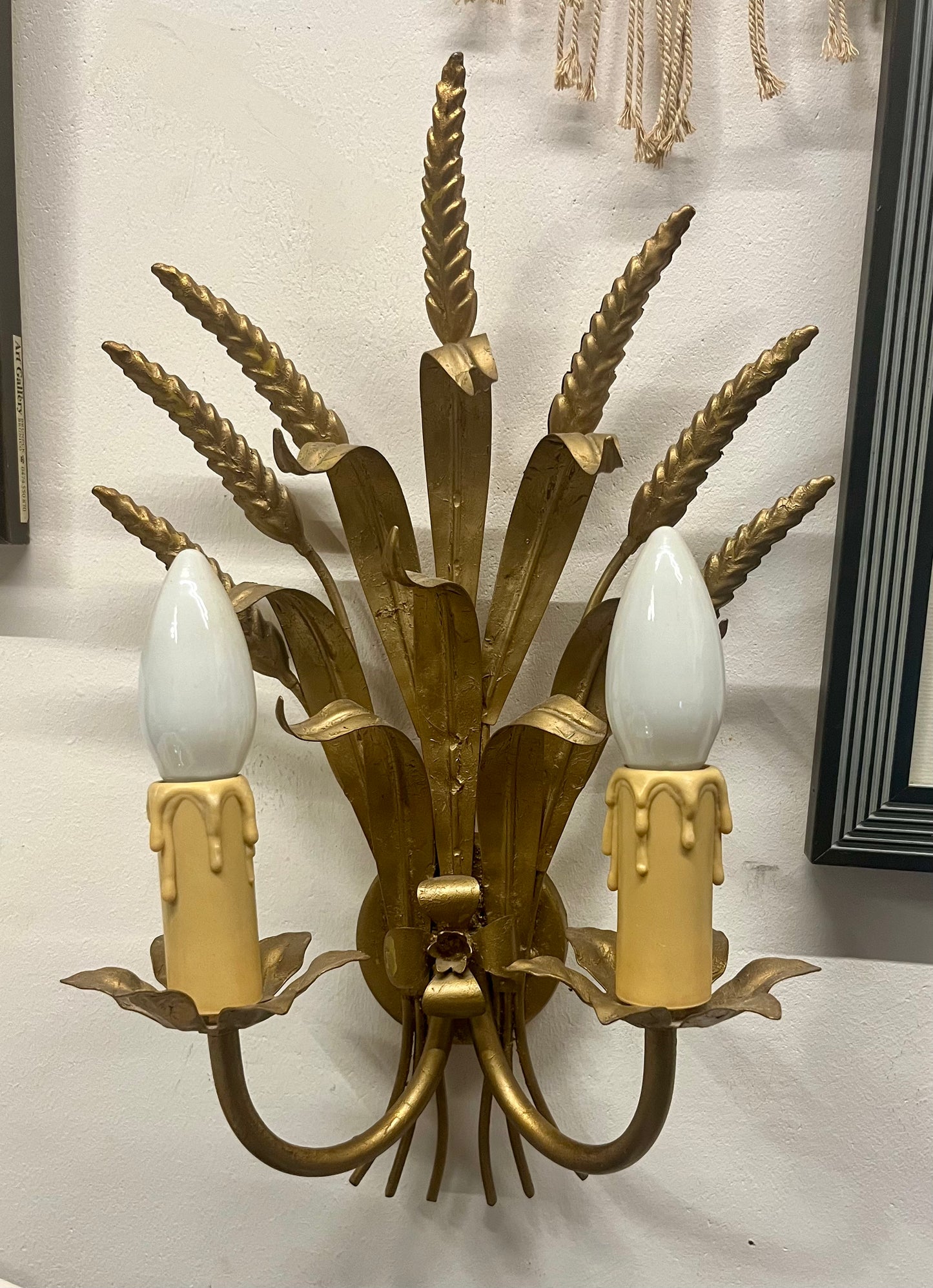 Vintage Weizengarben-Wandleuchte – goldfarben, zweiflammig