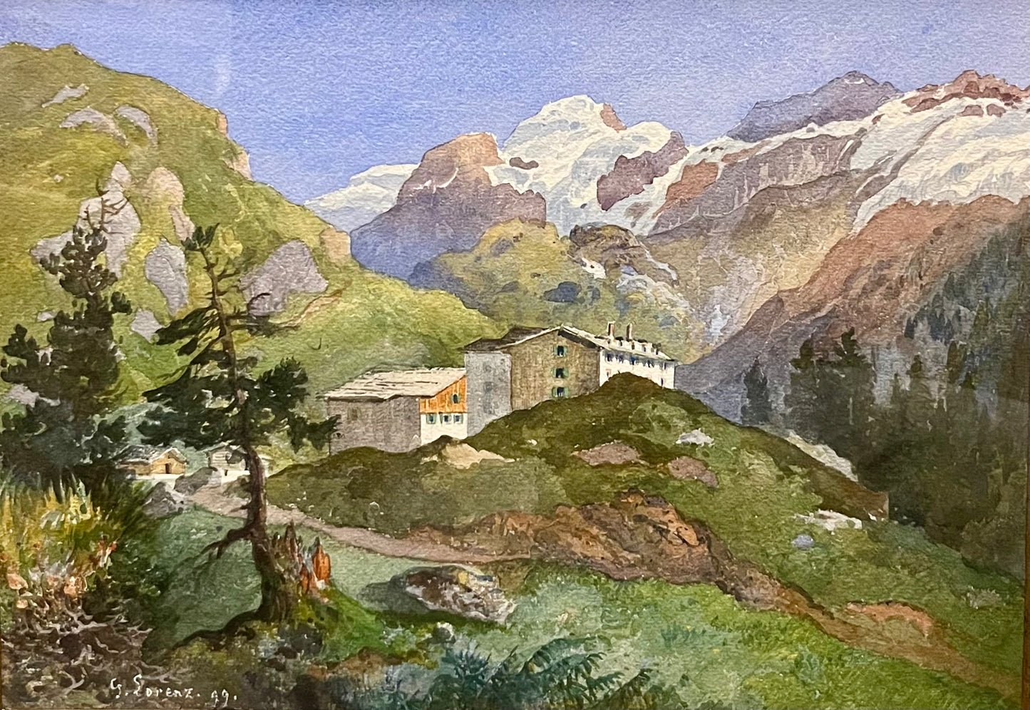 Gottfried Lorenz – „Bergalm“, Aquarell von 1899, gerahmt