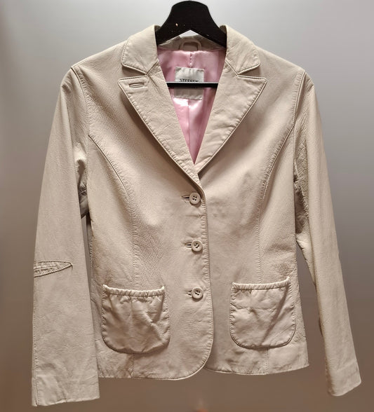 Cremefarbene Blazerjacke aus Leder mit rosa Futter von Steffen Schraut gr. 36