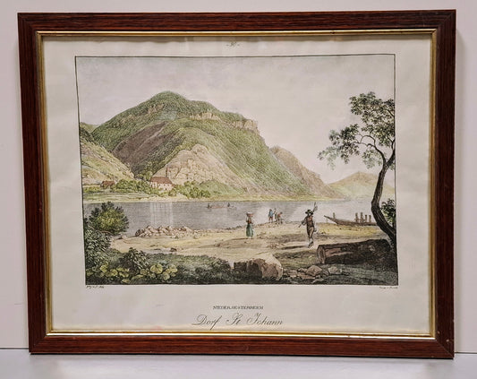 Donausicht n. J. v. Alt Druck von Kunike, Koloriert : Niederösterreich, Dorf St. Johann