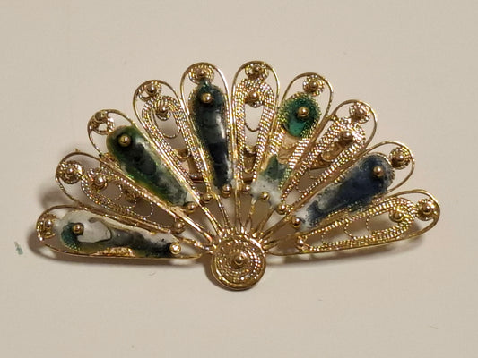Vintage Gold Plated Email Filigraine Fan Brosche