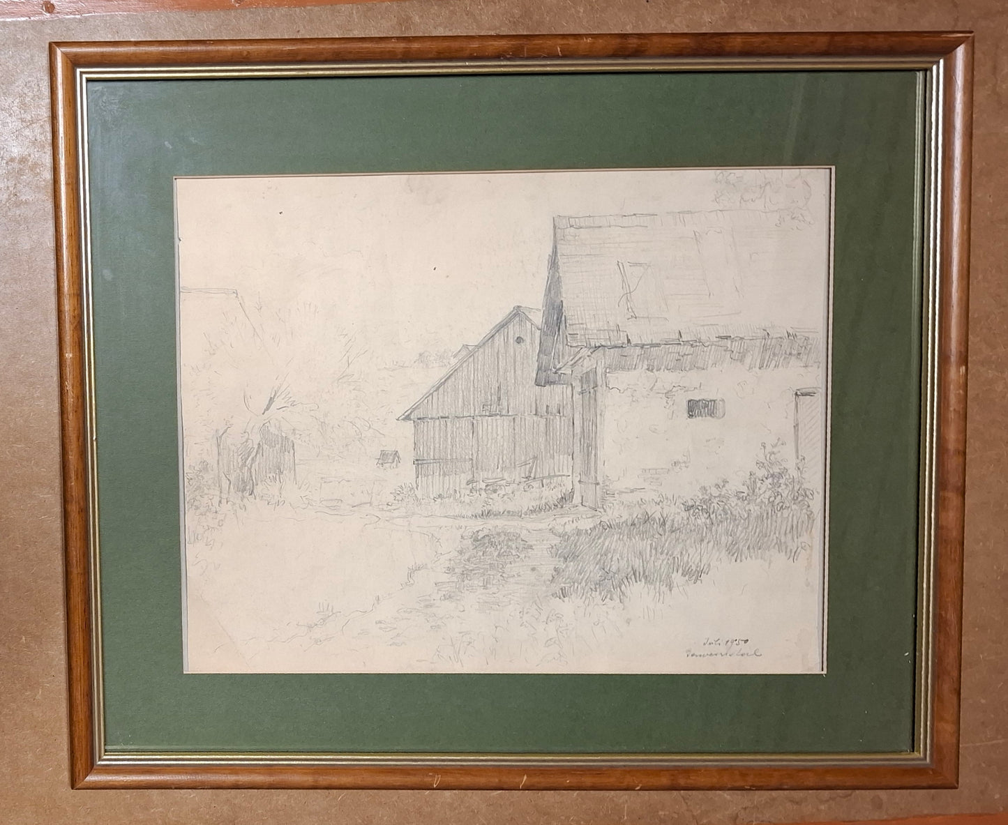 Bleistiftzeichnung Gehöft Gaweinstal, NÖ, 1950 sign.