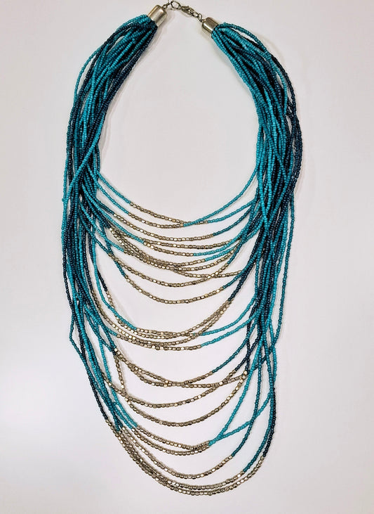 Blue and silver beaded multi layered necklace