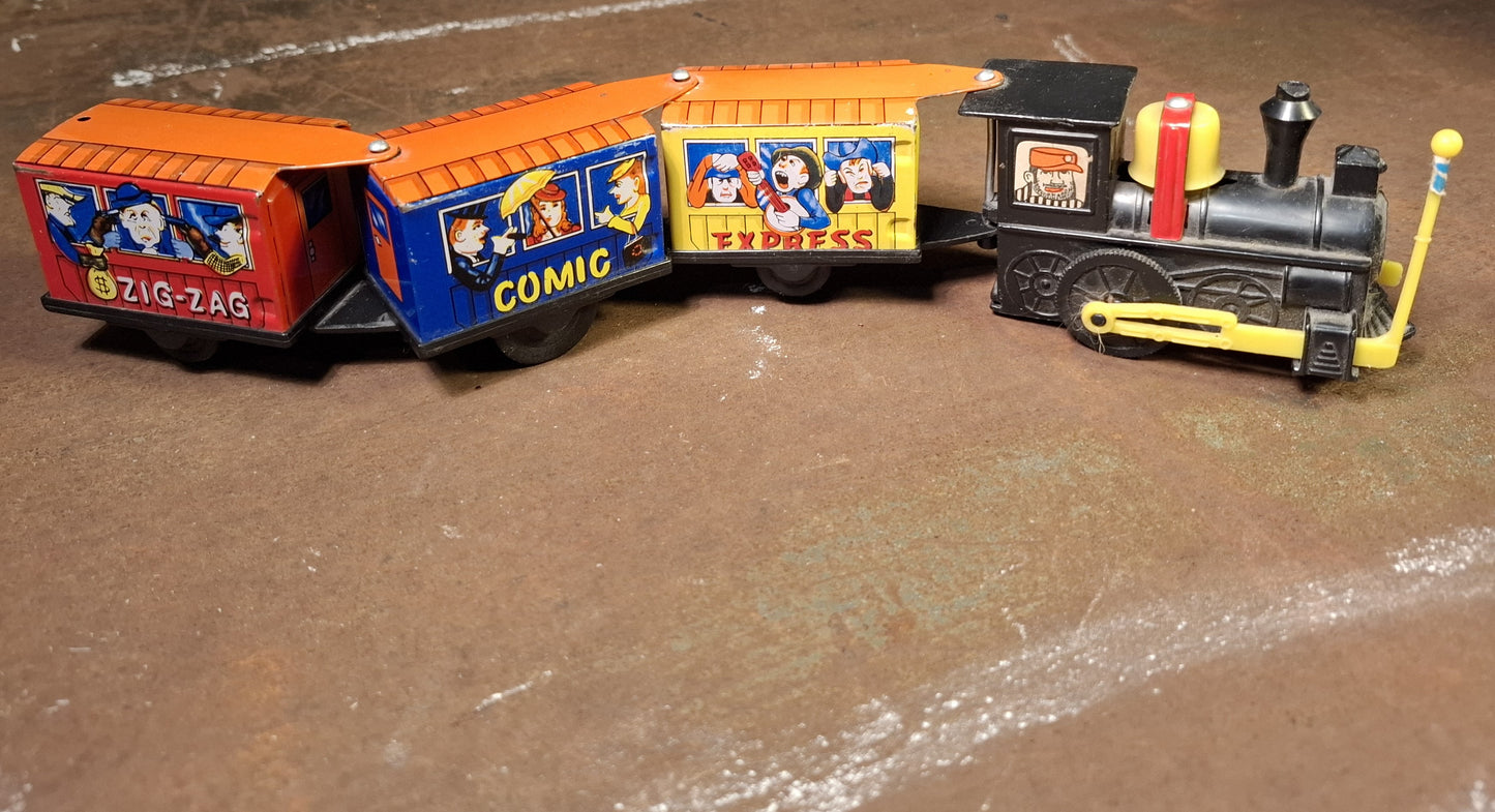 Vintage Aufzieheisenbahn aus Blech Zig Zag Comic Express