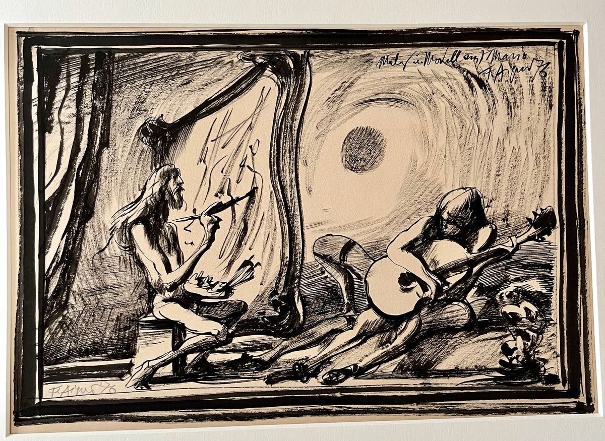 Fritz Aigner – „Maler und Modell“, Tuschezeichnung mit Gitarre