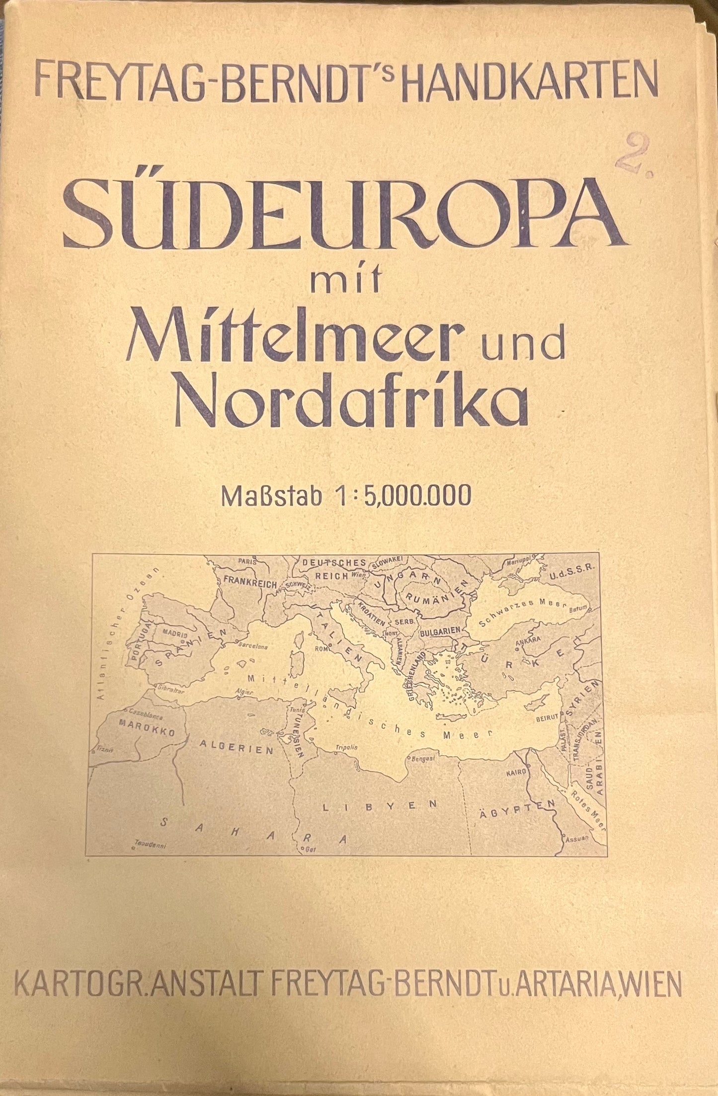 Historische Handkarte Südeuropa mit Mittelmeer und Nordafrika