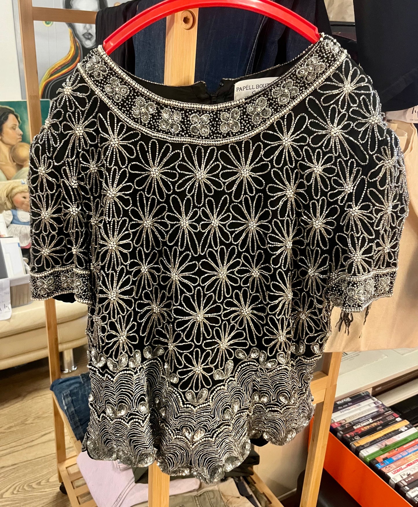 Vintage Perlen-Top – Papell Boutique, schwarz, Blumenmuster