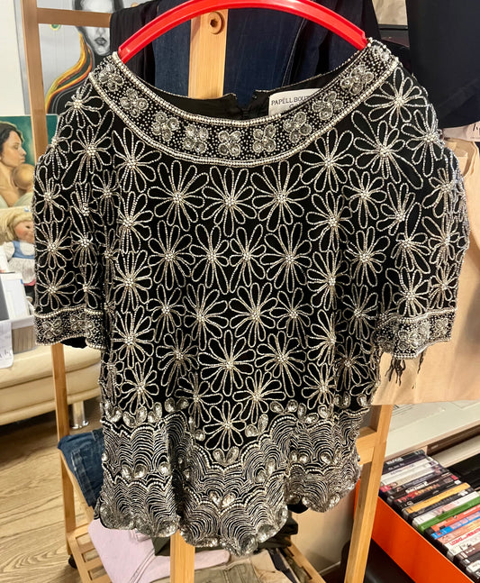 Vintage Perlen-Top – Papell Boutique, schwarz, Blumenmuster