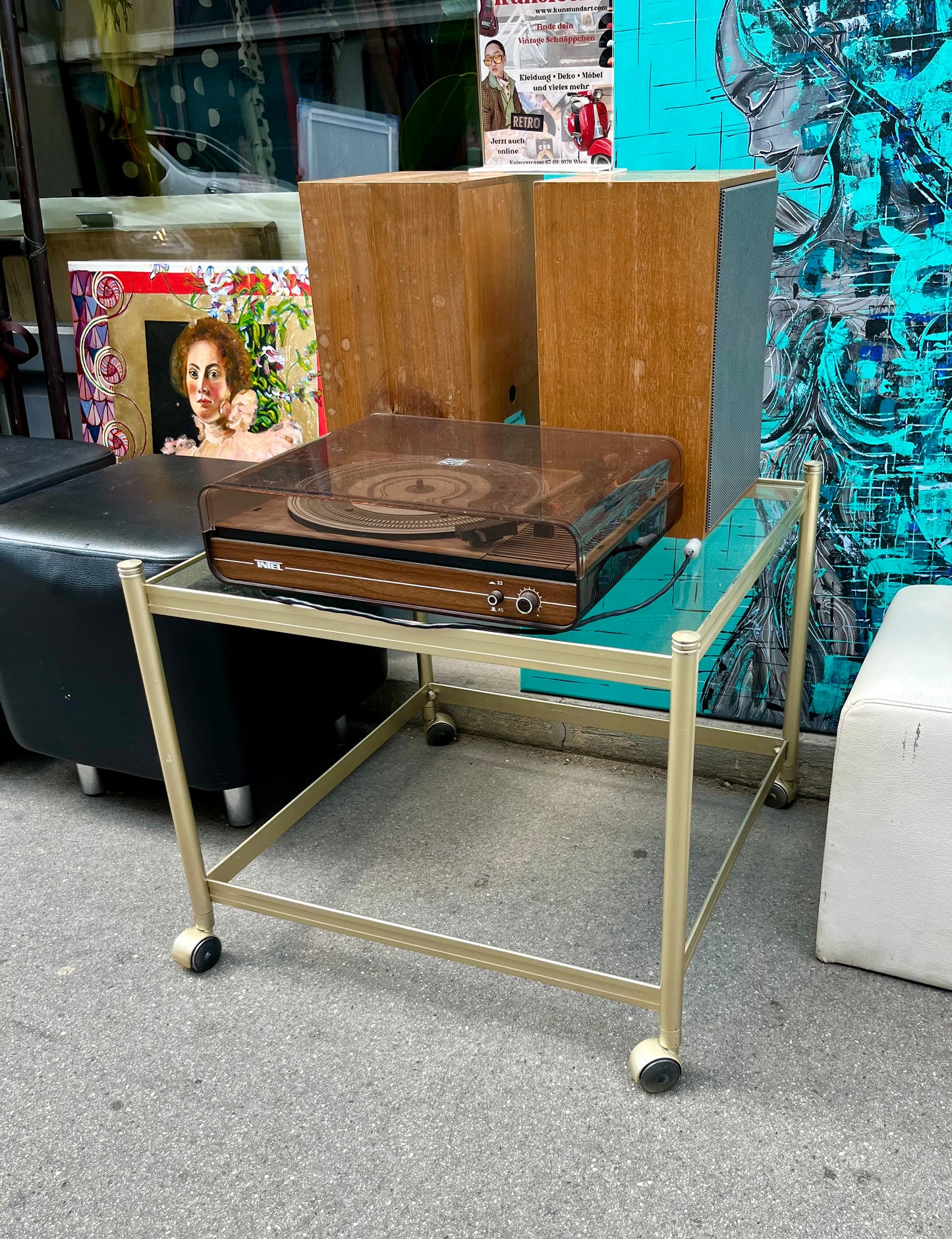 Vintage Beistelltisch Rollen Glas