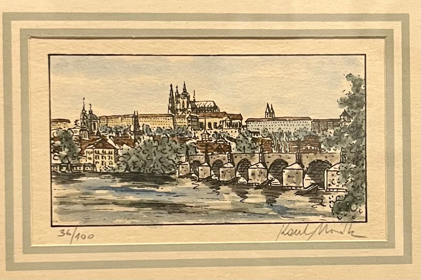 Prag – kolorierte Radierung mit Karlsbrücke und Prager Burg