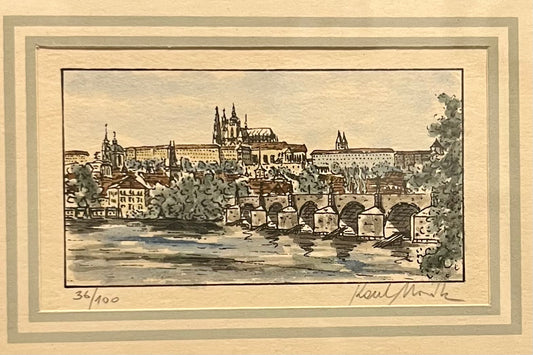 Prag – kolorierte Radierung mit Karlsbrücke und Prager Burg