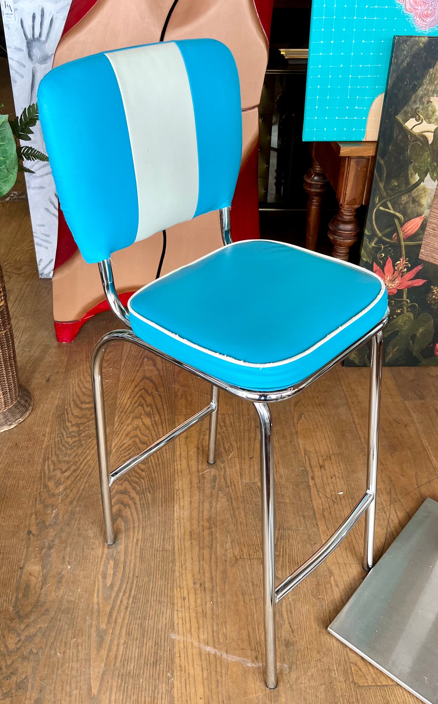 2 Retro Barhocker im Diner-Stil – Türkis/Weiß, Chrom