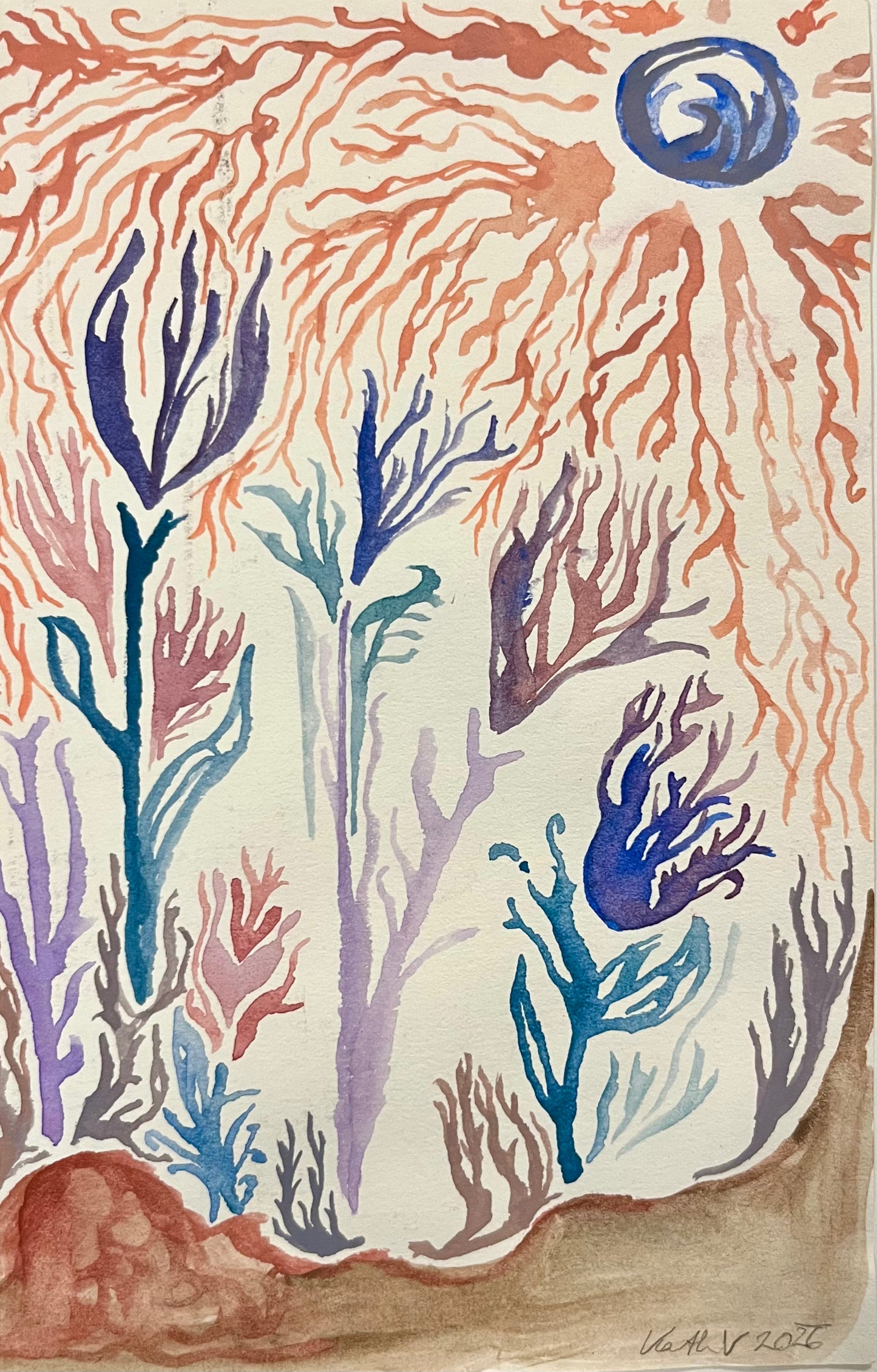 Aquarell Sonnenaufgang im Garten, Katharina Verra