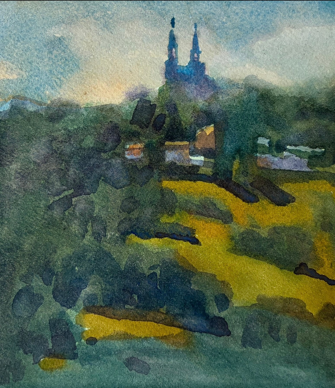 Veronika Ordintseva, Kirche in der Landschaft, Aquarell auf Papier, (13,5 x 15,5 cm) ungerahmt