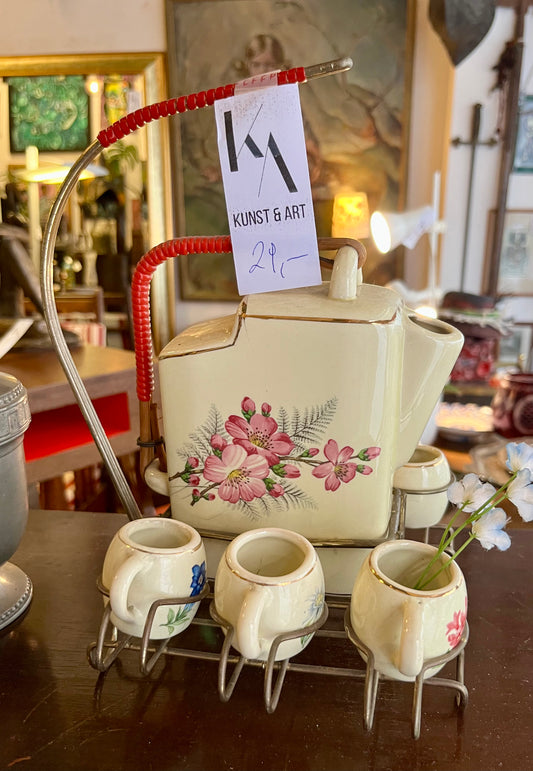 Vintage Kaffeeservice – Kanne & 5 Tassen mit Blumendekor & Metallständer