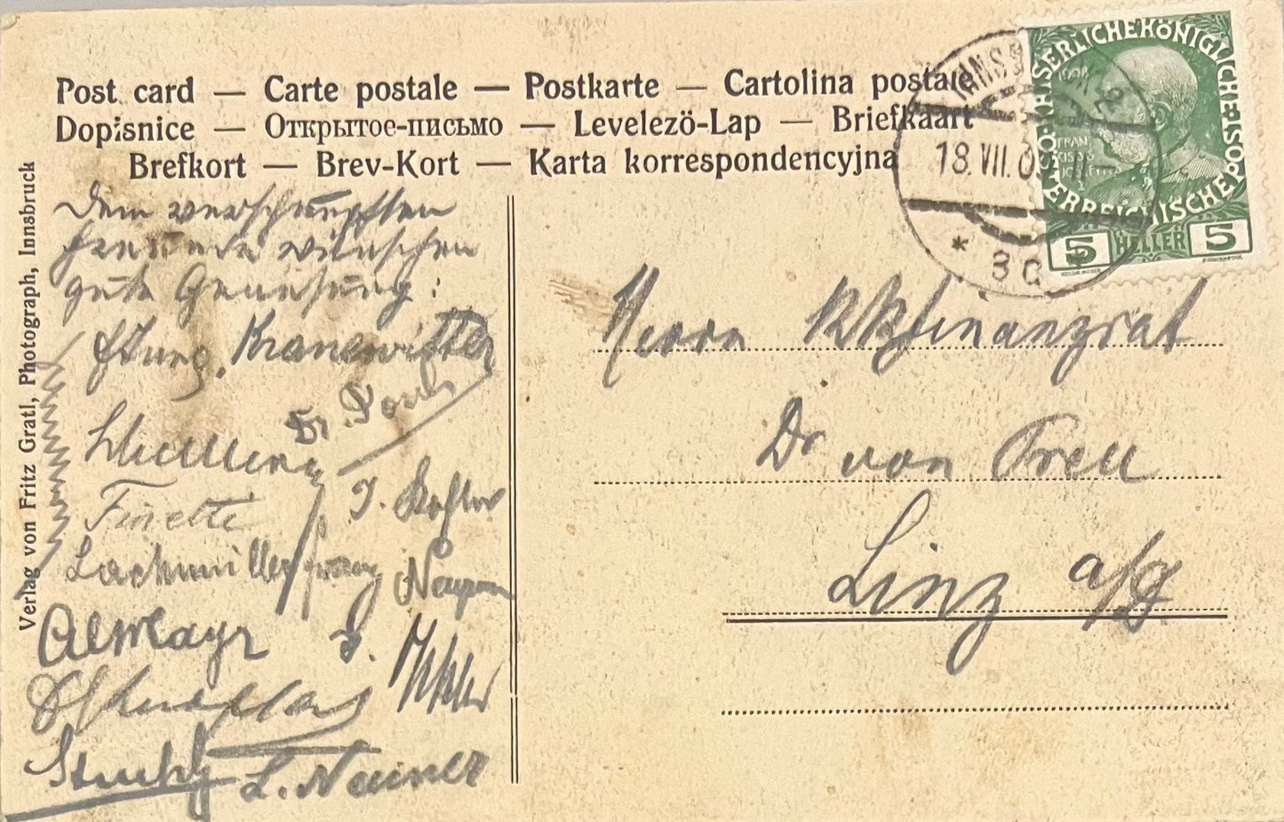 Postkarte Innsbruck 1908 – Defilierung der Tiroler Kaiserjäger