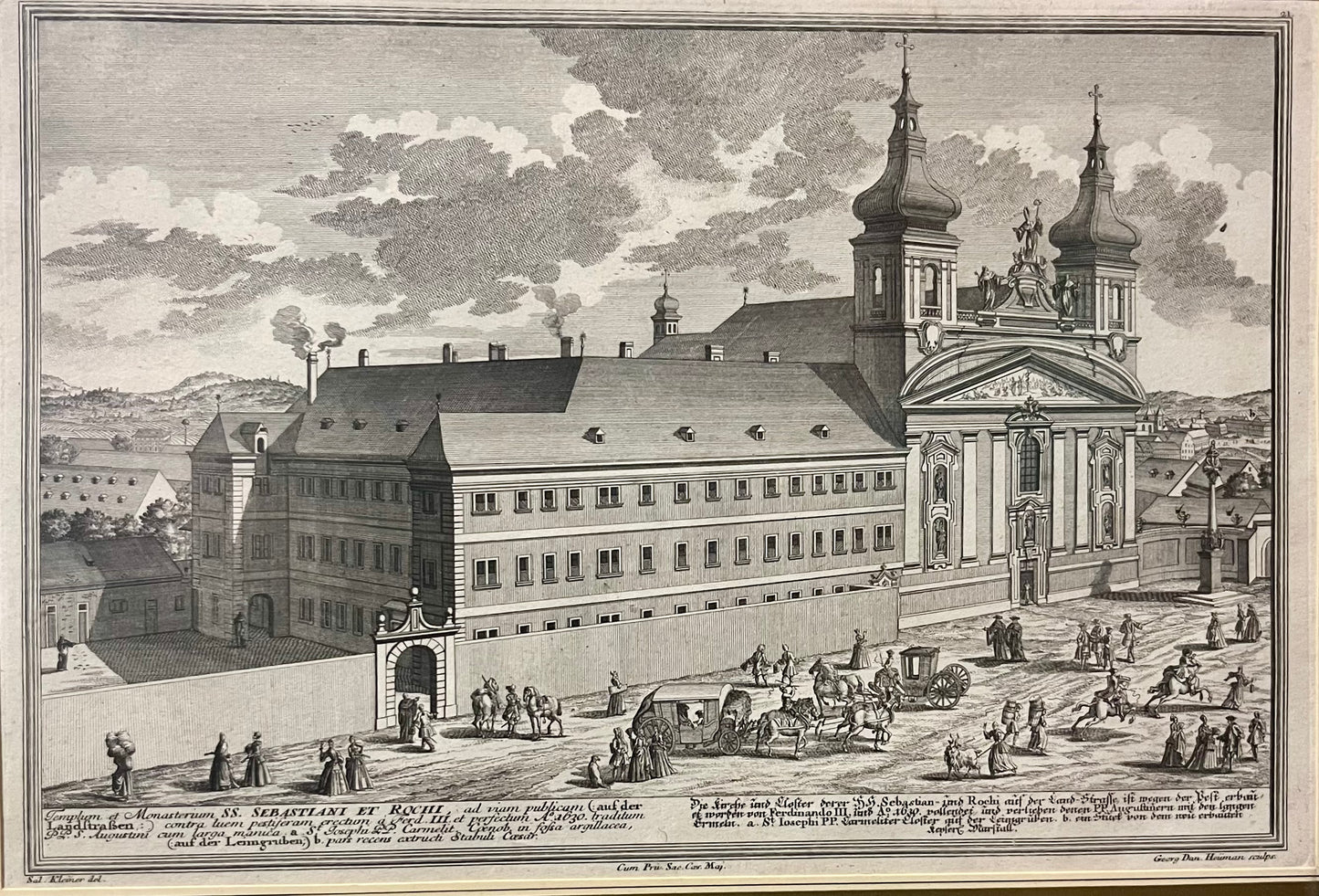 Kupferstich 1724 Die Kirche und Closter derer H.H. Sebastian- und Rochi auf der Land-Strasse