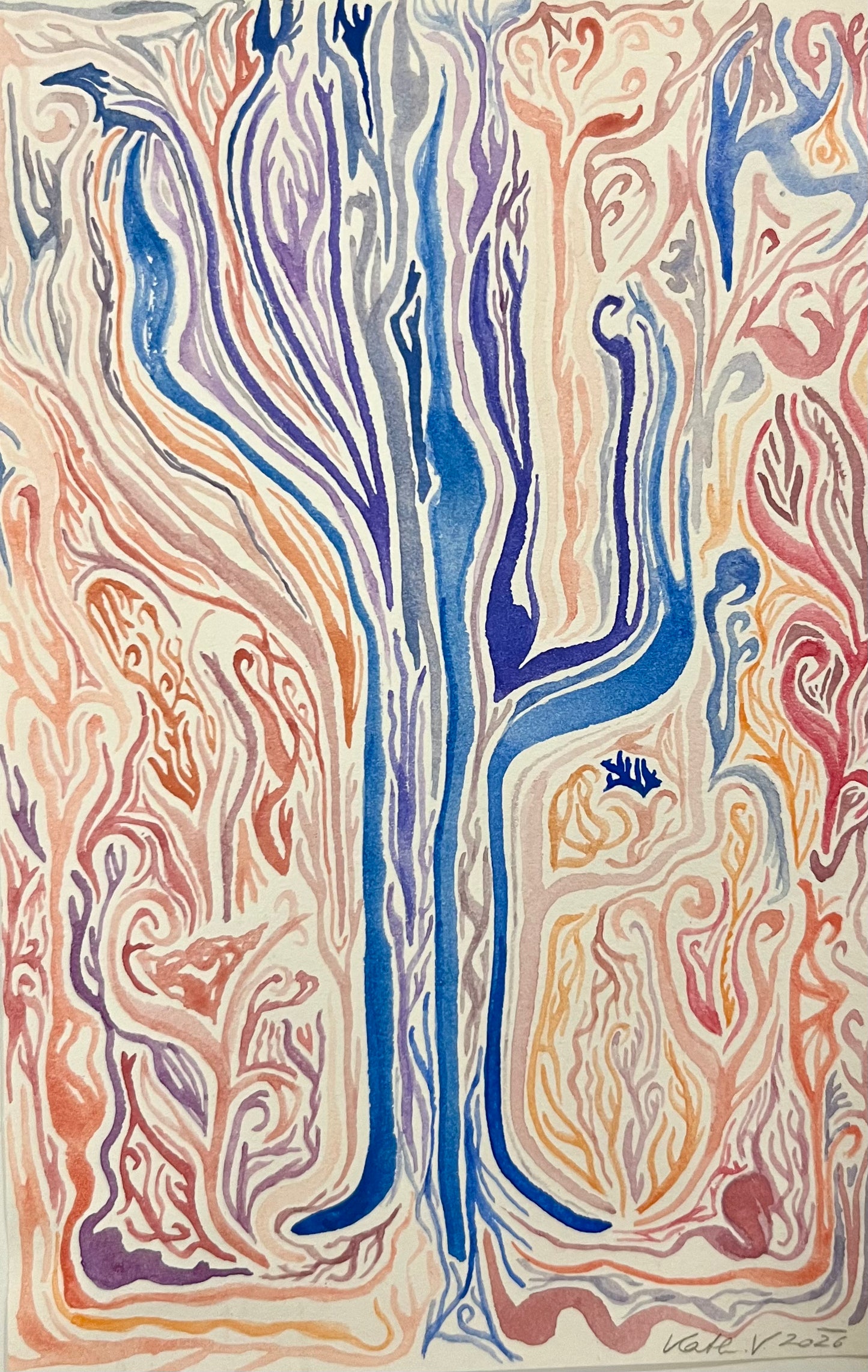Aquarell Gartenfantasie in Blau, Gelb und mehr
