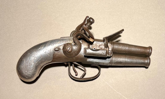 Taschensteinschlosspistole doppelläufig, Ganzmetall, England um 1780 mit Beschauzeichen