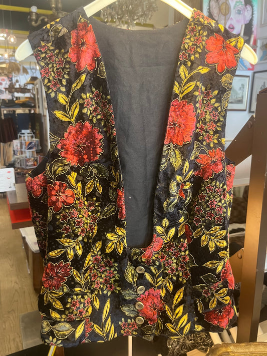 Vintage Gilet 1980er – Florales Stickerei-Weste Schwarz/Rot