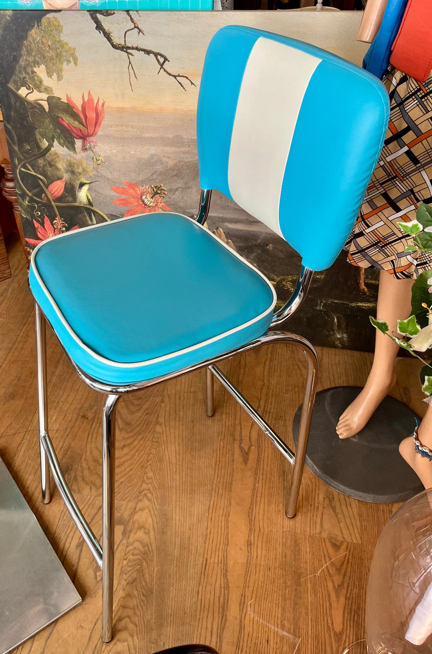 2 Retro Barhocker im Diner-Stil – Türkis/Weiß, Chrom