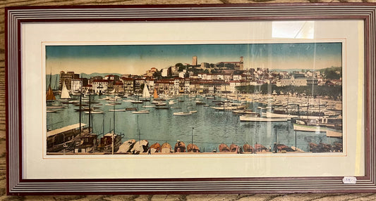 Vintage Panoramadruck Cannes Hafen – handkoloriert, gerahmt, ca. 1950er–60er Jahre