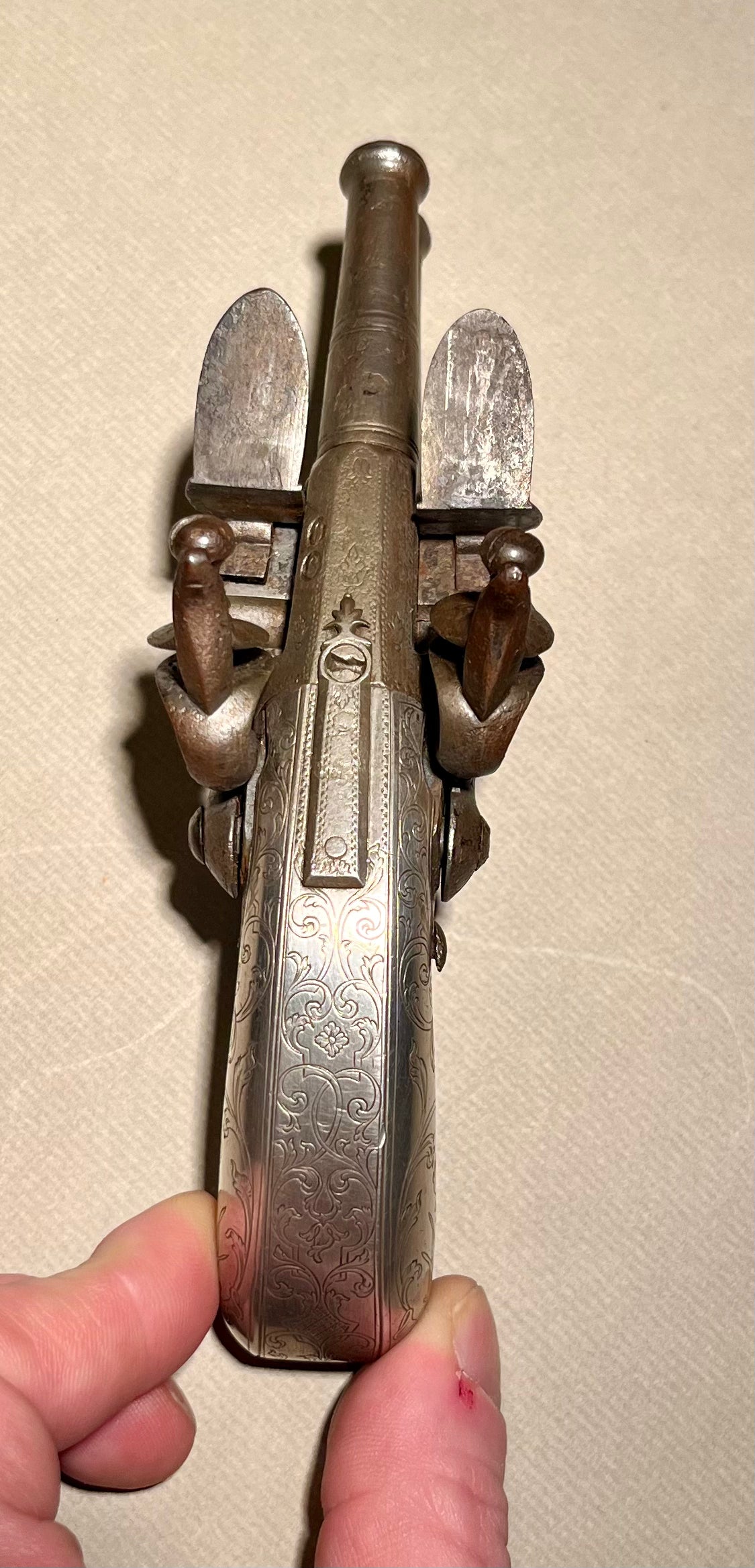 Taschensteinschlosspistole doppelläufig, Ganzmetall, England um 1780 mit Beschauzeichen
