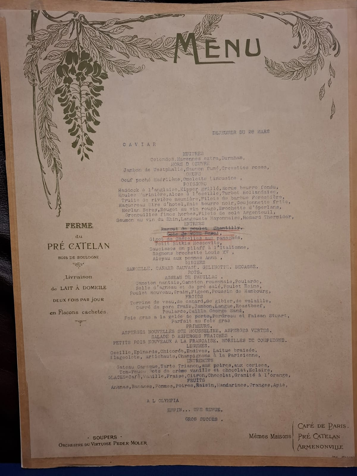 Georges Redon, um 1910, 2 Speisekarten Café de Paris