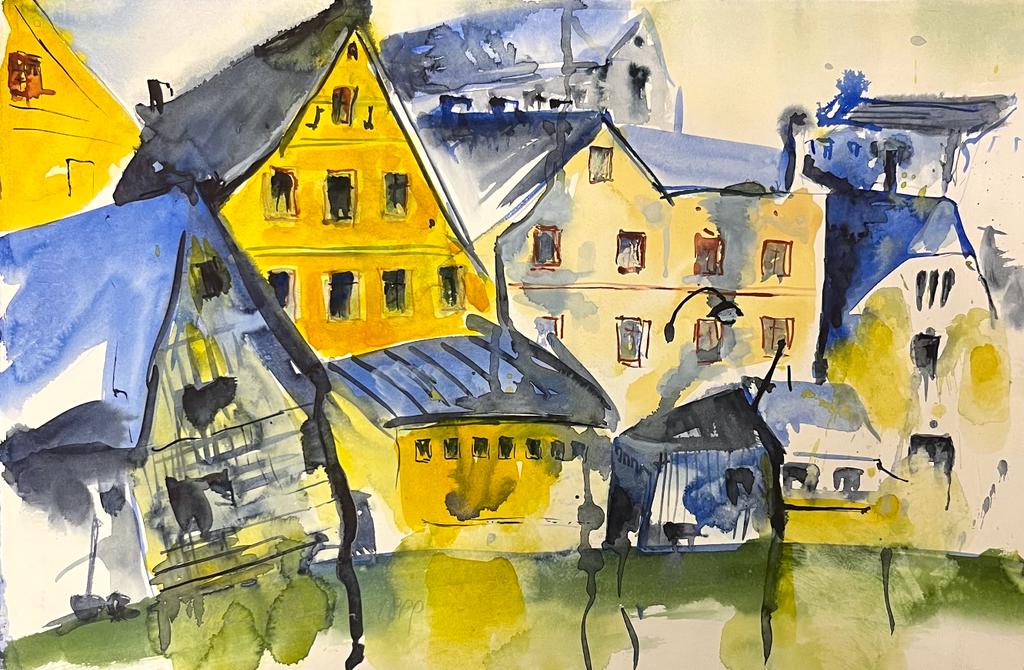 Häuser einer Stadt, Unbekannter Künstler, Aquarell