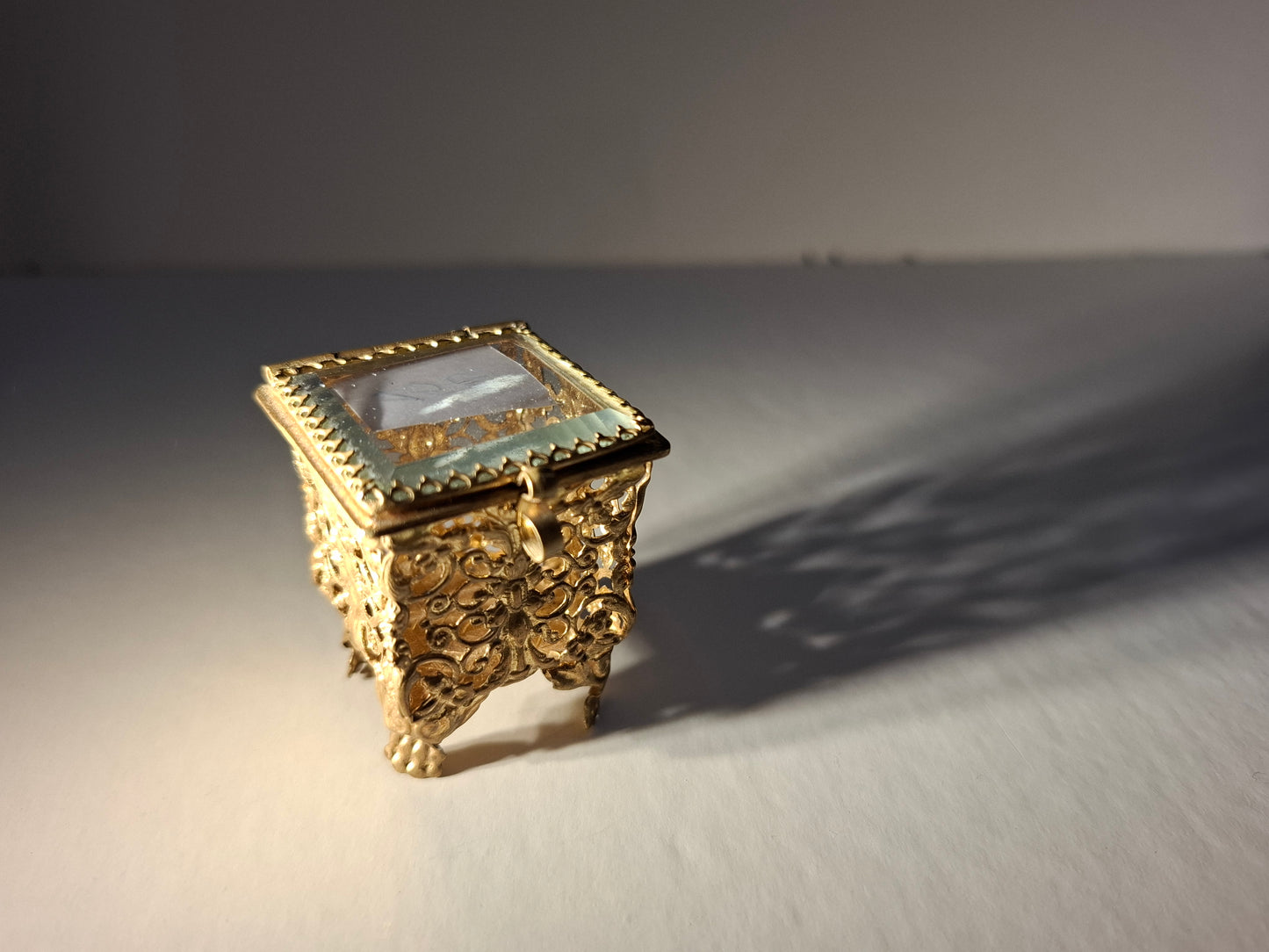 Antique FRENCH Ormolu Filigree Miniature Beveled Glass VITRINE Box